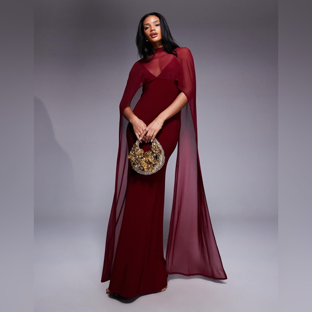 ASOS Burgundy Maxi Dress with Sheer Cape